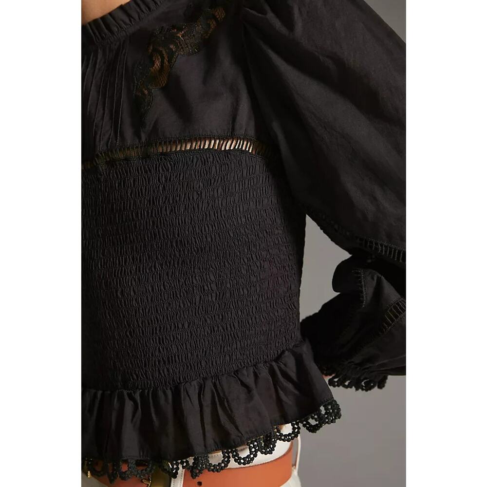Anthropologie Farm Rio Smocked Blouse Size Medium Black Lace Victorian Gothic - Picture 3 of 16